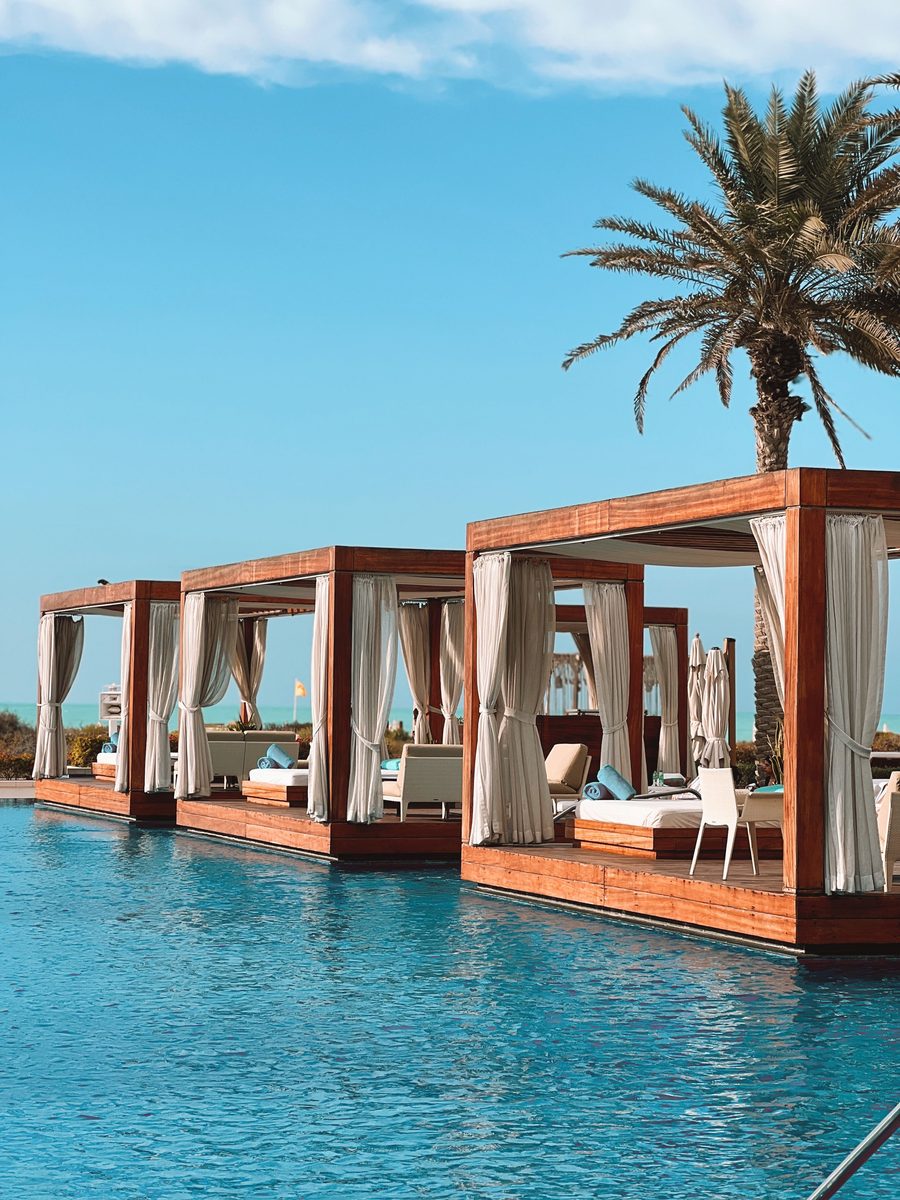 Saadiyat Beach Club cabanas and pool in Abu Dhabi